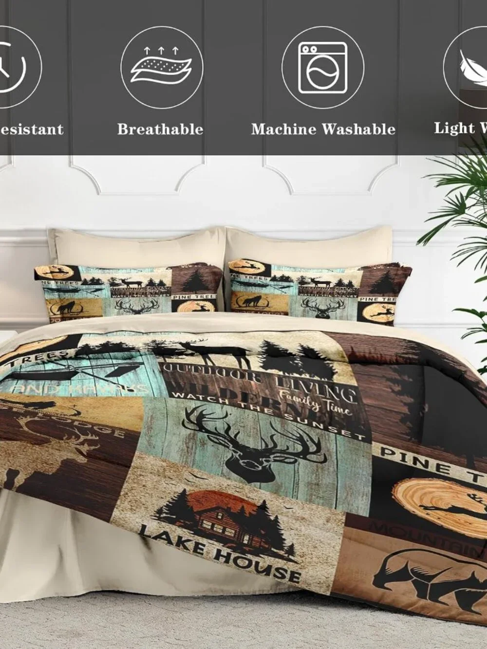 7 Pcs Queen Size Comforter Set with 2 Pillowcases & 2 Shams, Bear Wolf Tree Wood